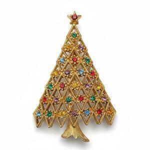 Vintage JJ Signed Christmas Tree Brooch Pin Gold Tone Rhinestone Holiday 2.25"